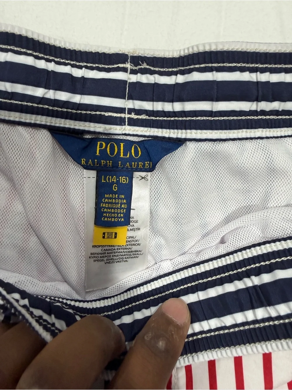 Polo by Ralph Lauren Boys Red, White & Navy Striped Swim Trunks